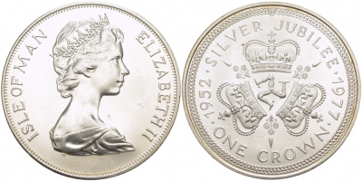 Остров Мэн 1 крона 1977 Серебряный юбилей правления королевы Елизаветы II, три короны КМ 41a серебро UNC 1081-4-51