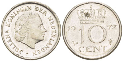 Нидерланды 10 центов 1972 Юлиана (1948-1980) KM 182 никель 214-1261