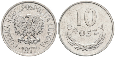 ПОЛЬША 10 ГРОШЕЙ 1977 MW KM АА47 алюминий XF 192-111