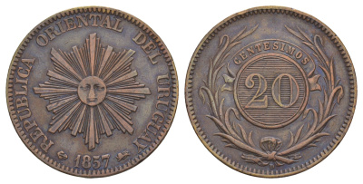 Уругвай 20 сентимо 1857 год-тип KM 9 медь 1519-1231
