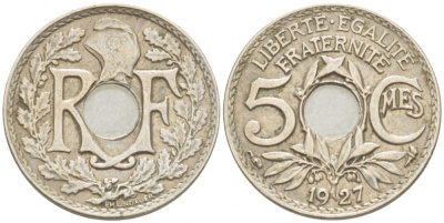 ФРАНЦИЯ 5 САНТИМОВ 1927 KM 875 медно-никель 1515-415