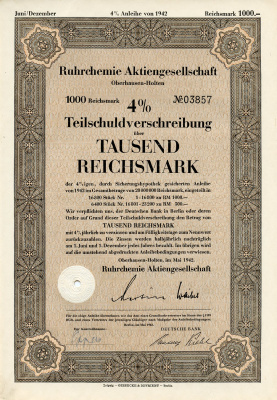 Германия 1000 рейхсмарок 1942 АО Рур-химия, Оберхаузен-Хольтен, 4 % облигация   бумага   8804-123-1