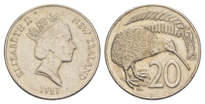 Новая Зеландия 20 центов 1987 Елизавета II (1952-2022), птичка киви KM 62 медно-никель 87-1326