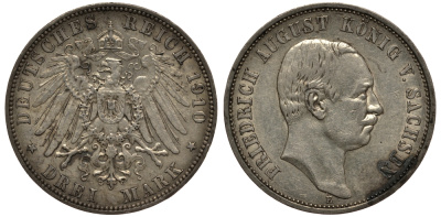 Саксония 3 марки 1910 E, Фридрих Август III (1904-1918) Weege 132, J. 135, KM 1267 серебро 3711-1333