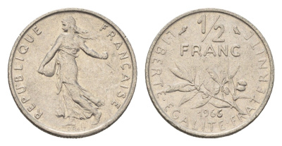 Франция 1/2 франка 1966 сеятель KM 931.1 никель 4674-621