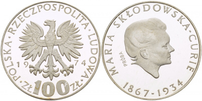 Польша 100 злотых 1974 MW, 40 лет со дня смерти Марии Склодовской-Кюри (1867-1934), пробный выпуск (PROBA) KM Pr 244, Parchimowicz 357а серебро PROOF 1082-1-15