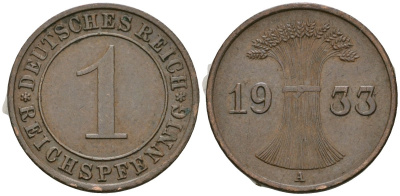 Германия 1 рейхспфенниг 1933 A KM 37, J. 313 бронза 4189-1213