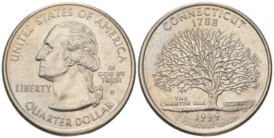 США 25 центов = квотер 1999 D, серия штаты США, Коннектикут KM 297 медь плакированная медно-никелем UNC 60-1344