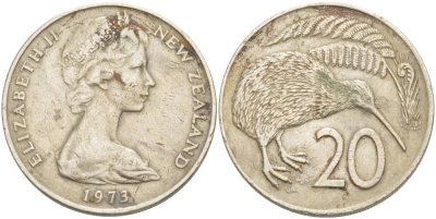 Новая Зеландия 20 центов 1973 Елизавета II (1952-2022), птичка киви KM 36.1 медно-никель 4526-1222