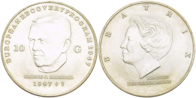 Нидерланды 10 гульденов 1997 Беатрикс (1980-2013), Джордж Маршалл KM 224 серебро UNC 4517-1116