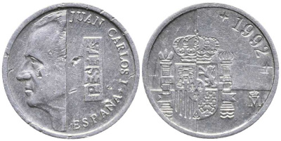 ИСПАНИЯ 1 ПЕСЕТА 1992 ХУАН КАРЛОС I (1975-) KM 832 алюминий 105-1117