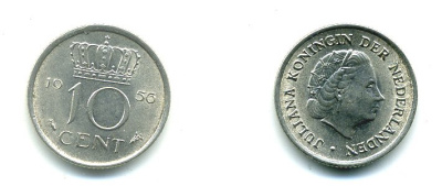НИДЕРЛАНДЫ 10 ЦЕНТОВ 1956 ЮЛИАНА KM 182 никель 76-328