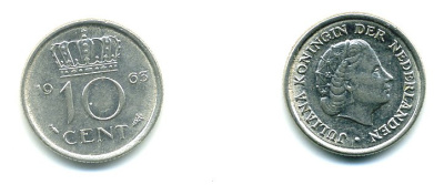 НИДЕРЛАНДЫ 10 ЦЕНТОВ 1963 ЮЛИАНА KM 182 никель 76-336