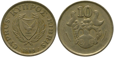 Кипр 10 центов 1988 KM 56.2 никель латунь 4380-256