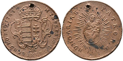 Венгрия 1 денар 1765 Франц I Стефан (1745-1765), мадонна с младенцем KM 375.2 медь 117-525