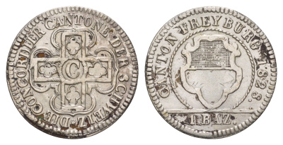 Швейцарские Кантоны, Фрибур 1 батцен = 10 раппенов 1828 KM 83 серебро 650-1424