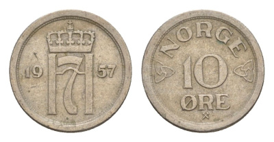 Норвегия 10 эре 1957 Хокон VII (1905-1957) KM 396 медно-никель 4632-1144