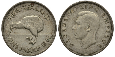 Новая Зеландия 1 флорин 1943 Георг VI (1936-1952), птичка киви KM 10.1 серебро 272-1612