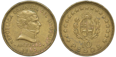 Уругвай 10 песо 1965 KM 48 алюминиевая бронза 69-725