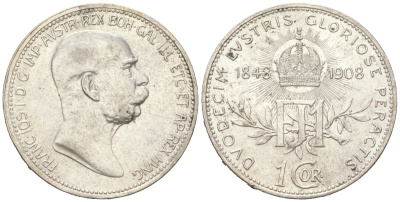 Австрия 1 крона 1908 Франц Иосиф I (1848-1916), 60 лет правлению KM 1808 серебро aUNC 4615-129