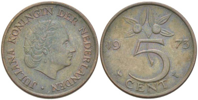 НИДЕРЛАНДЫ 5 ЦЕНТОВ 1973 ЮЛИАНА (1948-1980) KM 181 бронза 213-1121