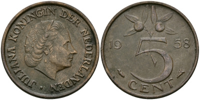 НИДЕРЛАНДЫ 5 ЦЕНТОВ 1958 ЮЛИАНА KM 181 бронза 95-336