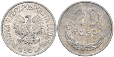 ПОЛЬША 20 ГРОШЕЙ 1967 MW KM А47 алюминий 4516-326