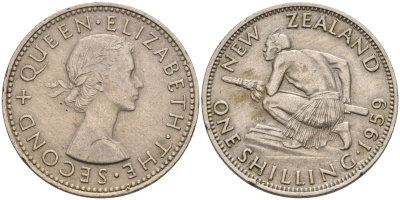 Новая Зеландия 1 шиллинг 1959 Елизавета II (1952-2022), абориген KM 27.2 медно-никель  00-00