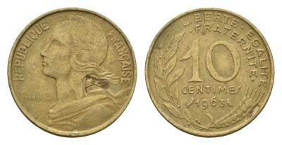 Франция 10 сантимов 1963 KM 929 алюминиевая бронза 4674-558