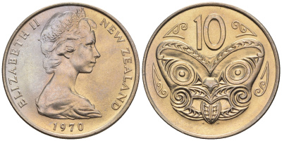 Новая Зеландия 10 центов 1970 Елизавета II (1952-2022), маска маори KM 41.1 медно-никель  UNC  4182-1051