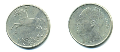 НОРВЕГИЯ 1 КРОНА 1973 ЛОШАДЬ KM 409 медно-никель 80-613