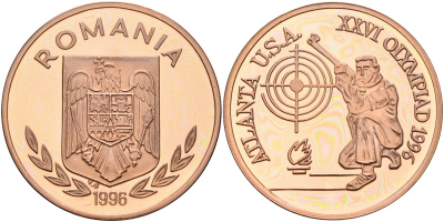 Румыния 100 леев 1996 XXVI Олимпийские игры 1996 года в Атланте, 100 лет Олимпийскому движению, стрельба, пробный выпуск, пифорт  медь  PROOF  1525-1313