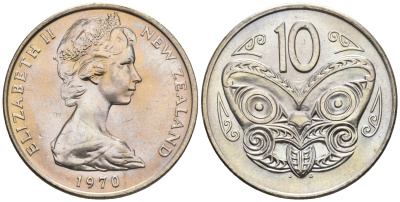 Новая Зеландия 10 центов 1970 Елизавета II (1952-2022), маска маори KM 41.1 медно-никель  UNC  4182-642