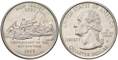 США 25 центов = квотер = 1/4 доллара 1999 Р, серия штаты США, Нью-Джерси KM 295 медь плакированная медно-никелем aUNC 4159-546