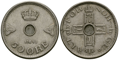 Норвегия 50 эре 1948 Хокон VII (1905-1957) KM 386 медно-никель 4584-314