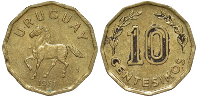 Уругвай 10 сентесимо 1981 KM 66 алюминиевая бронза 4169-469