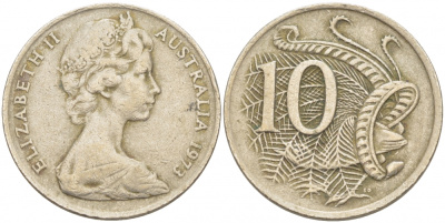 Австралия 10 центов 1973 Елизавета II (1952-), птица лирахвост KM 65 медно-никель 3457-643
