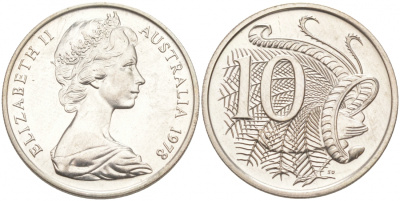 Австралия 10 центов 1978 Елизавета II (1952-), птица лирахвост KM 65 медно-никель UNC 3853-1215