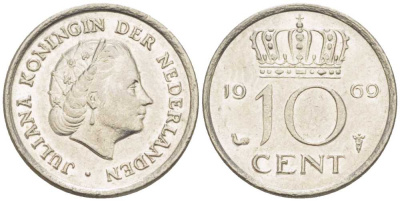 Нидерланды 10 центов 1969 Юлиана (1948-1980) KM 182 никель 214-1243