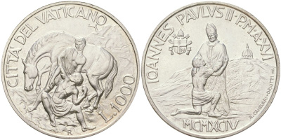 Ватикан 1000 лир 1994 Добрый самаритянин KM 258 серебро UNC 4162-733