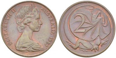 АВСТРАЛИЯ 2 ЦЕНТА 1983 ЕЛИЗАВЕТА II (1953-), ЕЛИЗАВЕТА II, МОЛОДОЙ ПОРТРЕТ, ПЛАЩЕНОСНАЯ ЯЩЕРИЦА (FRILLED LIZARD) KM 63 бронза 4519-455