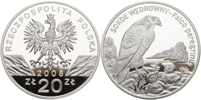 Польша 20 злотых 2008 серия всемирная природа, сапсан KM 637 серебро PROOF 01-150-12