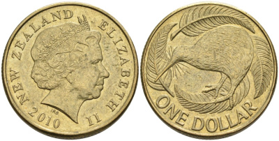 Новая Зеландия 1 доллар 2010 Елизавета II (1952-2022), птица киви  KM 120 алюминиевая бронза 61-354