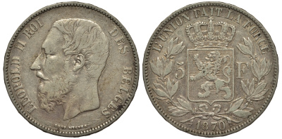 Бельгия 5 франков 1870 Леопольд II (1865-1909) KM 24 серебро    1530-943
