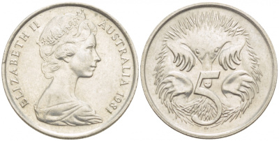 Австралия 5 центов 1981 Елизавета II (1952-2022), ехидна KM 64 медно-никель UNC 4532-562