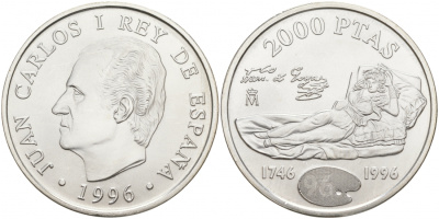 Испания 2000 песет 1996 250 лет со дня рождения Франциско Гойи KM 968 серебро UNC 1091-2-52