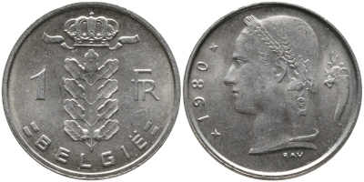 БЕЛЬГИЯ 1 ФРАНК 1980 BELGIE KM 143.1 медно-никель 65-1141
