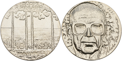 Финляндия 10 марок 1975 S-H, 75 лет президенту Урхо Кекконену KM 54 серебро UNC 1525-1324