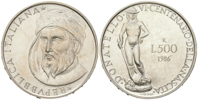 Италия 500 лир 1986 R, 600 лет со дня рождения Донателло KM 124 серебро BU 1529-1235