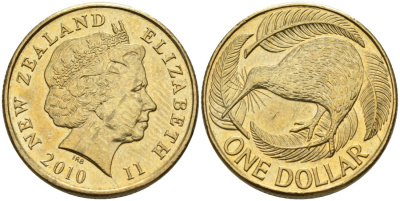 Новая Зеландия 1 доллар 2010 Елизавета II (1952-2022), птица киви  KM 120 алюминиевая бронза 60-226